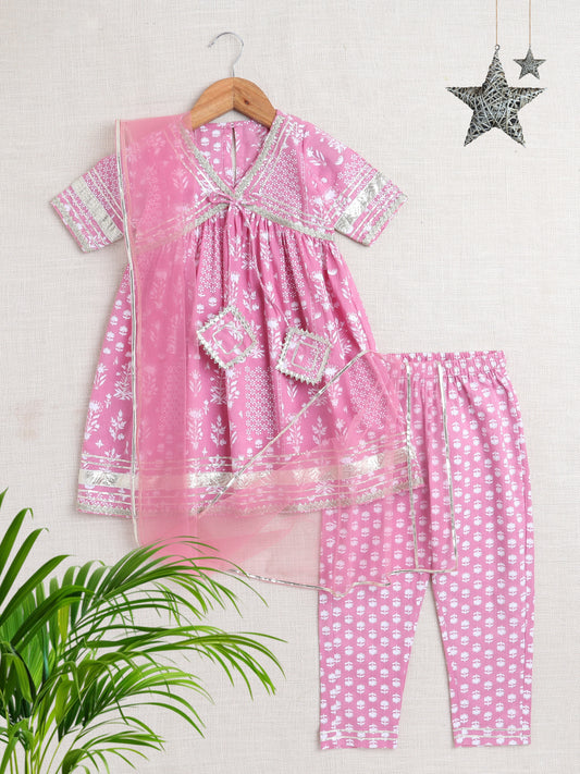 Floral Printed Elbow Sleeves Tassled Gathered Aliya Cut Kurta with Straight Pants With Dupatta-Pink