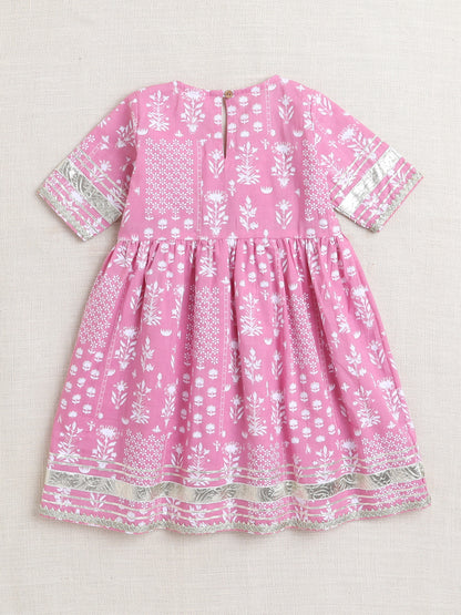 Floral Printed Elbow Sleeves Tassled Gathered Aliya Cut Kurta with Straight Pants With Dupatta-Pink