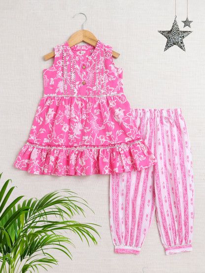 Sleeveless Floral Printed Lace Embellished Kurta & Afghani Pant Set-Pink