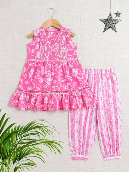 Sleeveless Floral Printed Lace Embellished Kurta & Afghani Pant Set-Pink