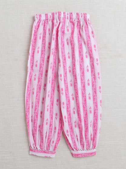 Sleeveless Floral Printed Lace Embellished Kurta & Afghani Pant Set-Pink