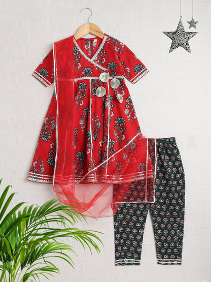 Floral Printed Elbow Sleeves Gota Lace Tassled Anarkali Kurti And Pant Set With Dupatta-Red