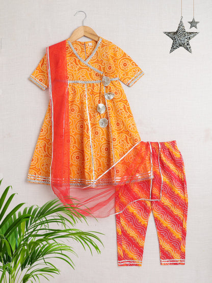 Bandhani Printed Elbow Sleeves Tassled Gathered Anarkali Kurti And Pant Set With Dupatta-Yellow