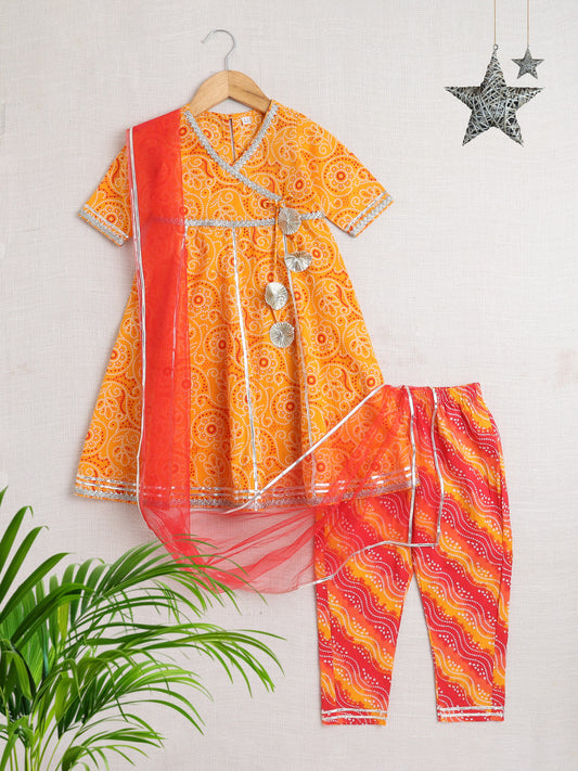 Bandhani Printed Elbow Sleeves Tassled Gathered Anarkali Kurti And Pant Set With Dupatta-Yellow