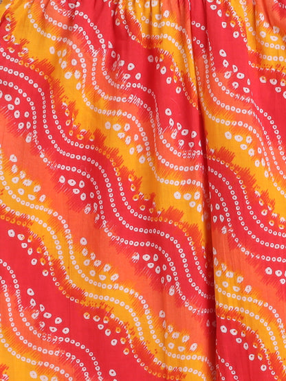 Bandhani Printed Elbow Sleeves Tassled Gathered Anarkali Kurti And Pant Set With Dupatta-Yellow