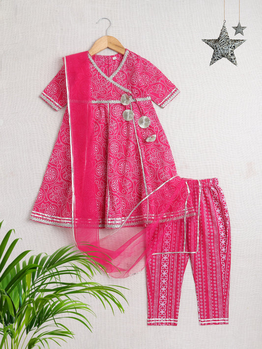 Bandhani Printed Elbow Sleeves Tassled Gathered Anarkali Kurti And Pant Set With Dupatta-Fuchsia