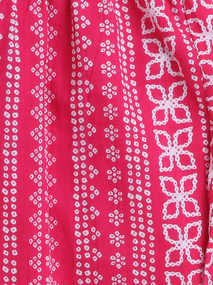 Bandhani Printed Elbow Sleeves Tassled Gathered Anarkali Kurti And Pant Set With Dupatta-Fuchsia