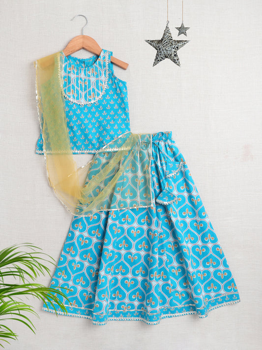 Floral Printed Sleeveless Gota Lace Embelished Lehenga Choli Set With Dupatta-Blue