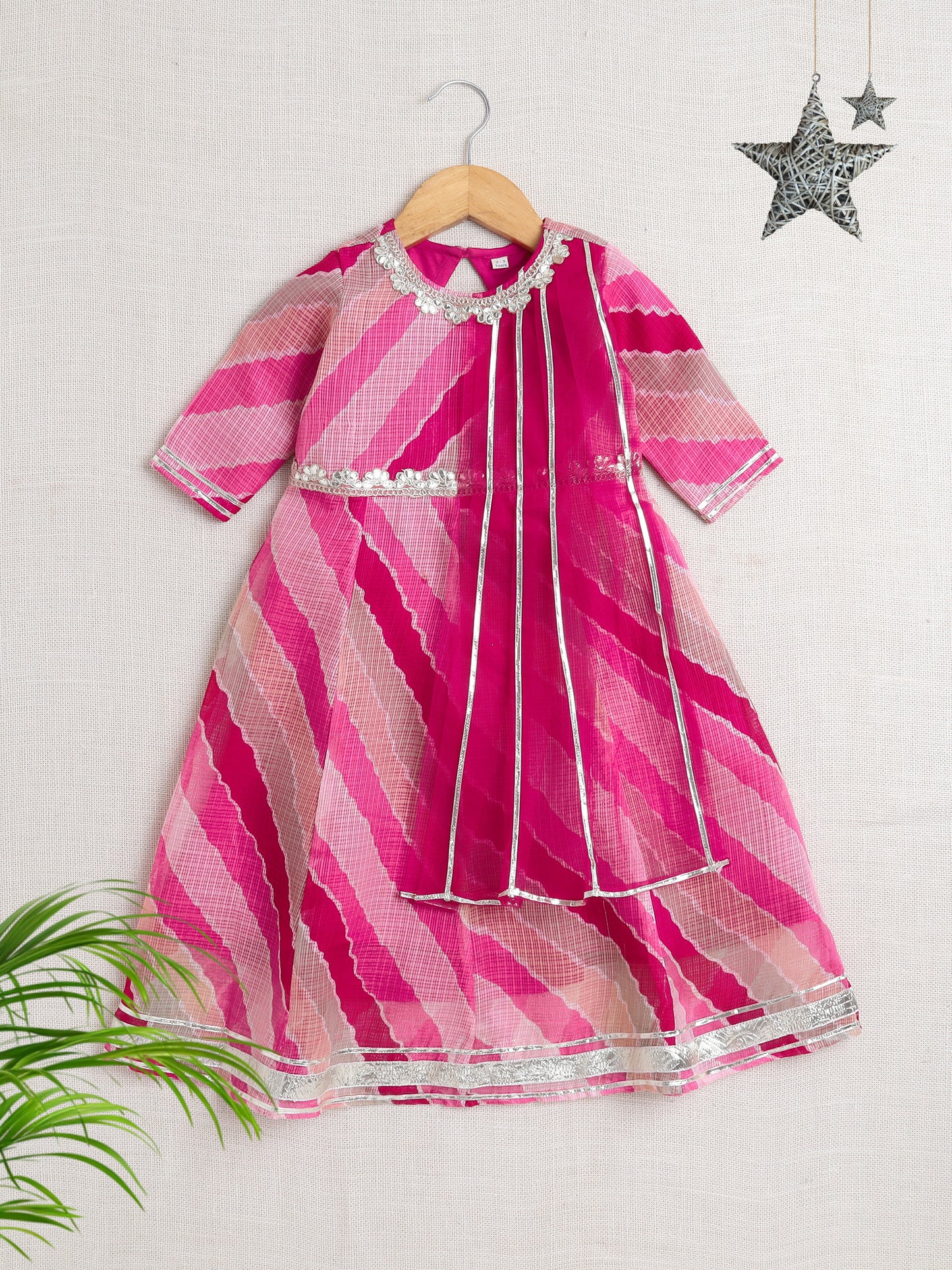 Elbow Sleeves Gota Lace Embelished Attached Dupatta Dress-Fuchsia
