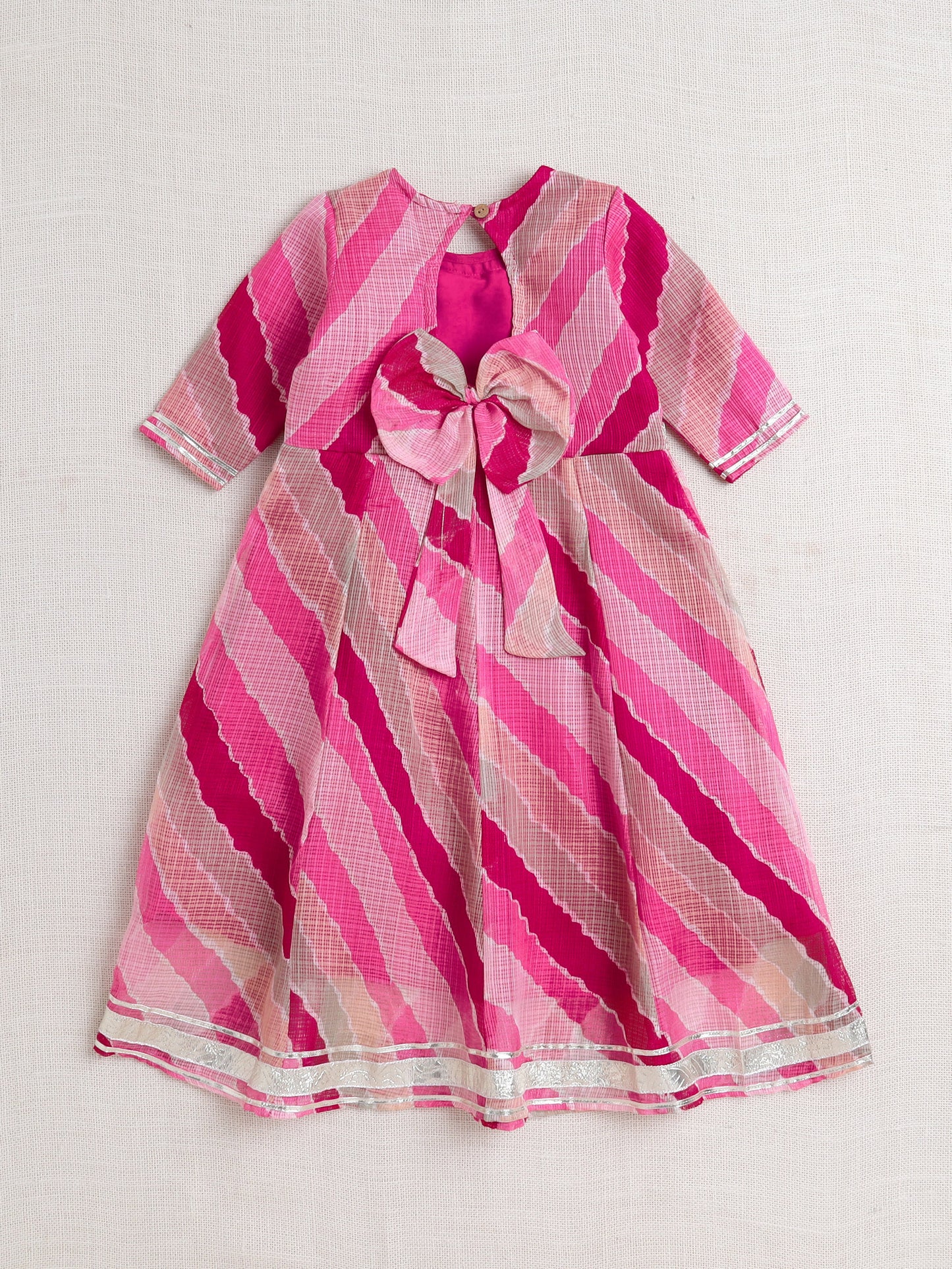 Elbow Sleeves Gota Lace Embelished Attached Dupatta Dress-Fuchsia