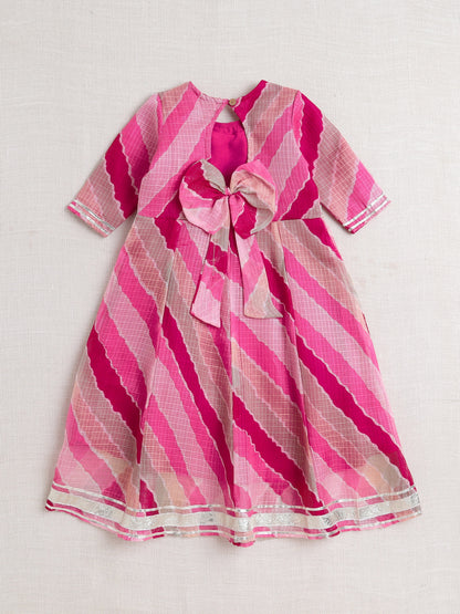 Elbow Sleeves Gota Lace Embelished Attached Dupatta Dress-Fuchsia