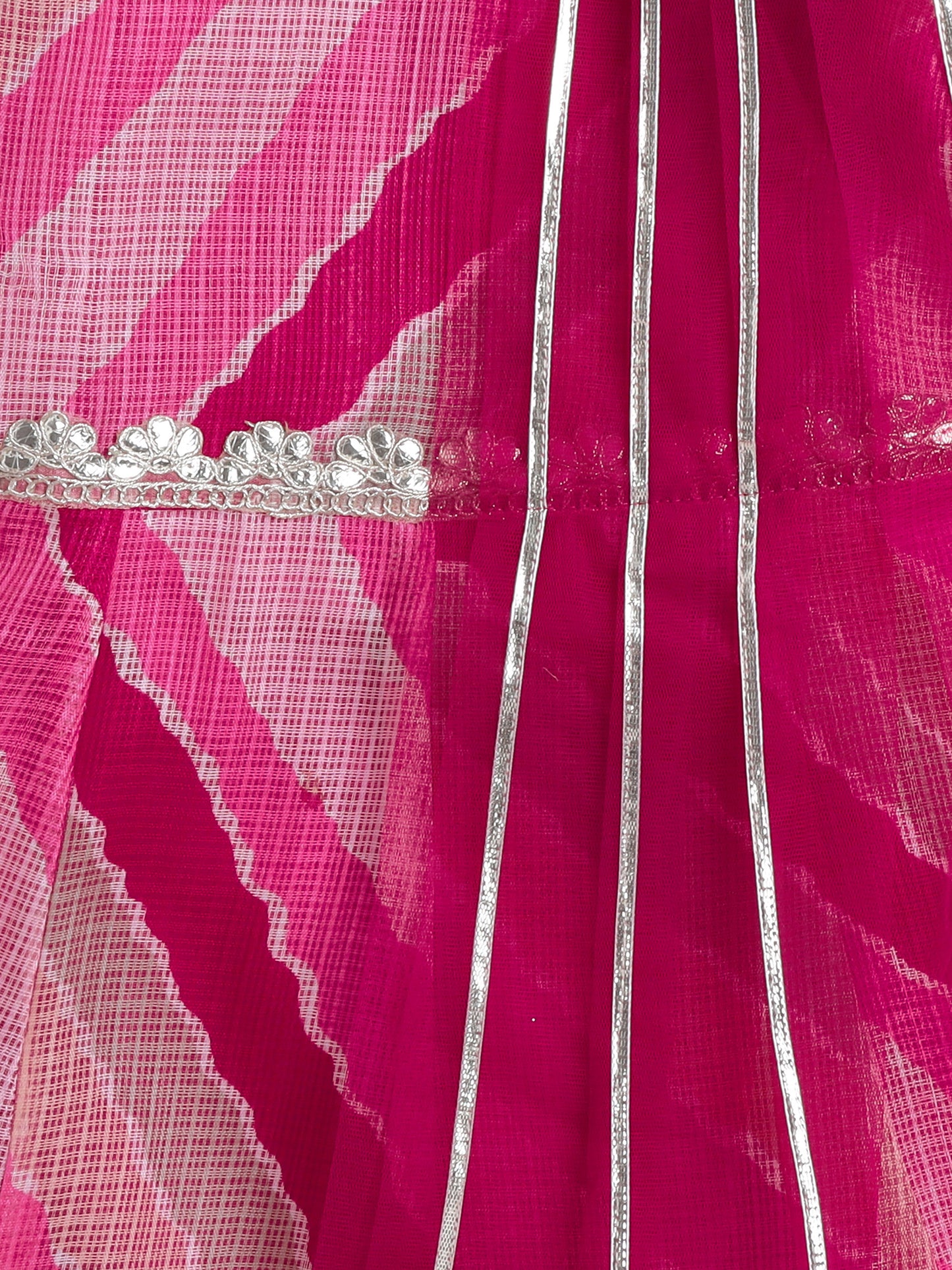 Elbow Sleeves Gota Lace Embelished Attached Dupatta Dress-Fuchsia