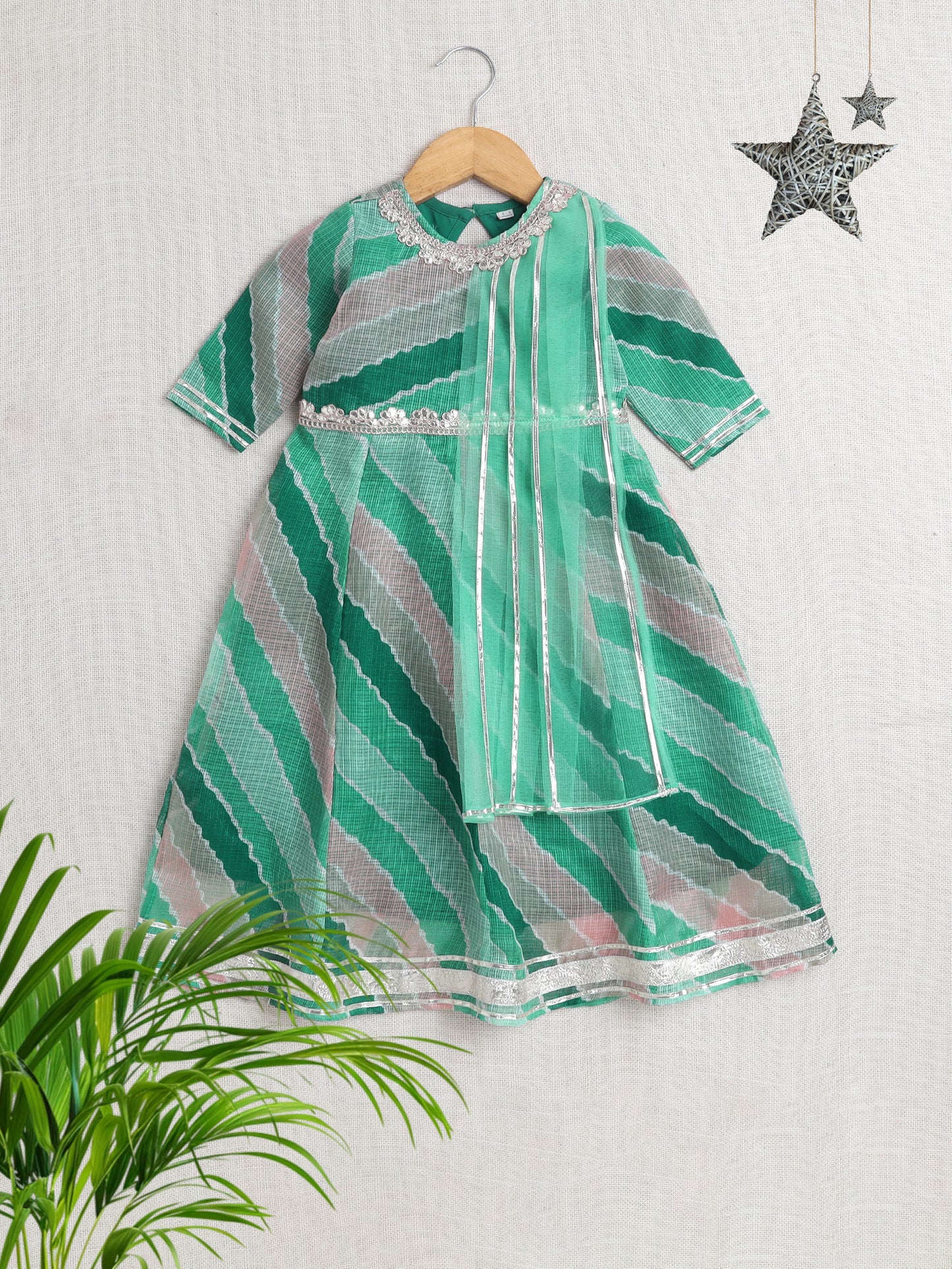 Elbow Sleeves Gota Lace Embelished Attached Dupatta Dress-Green