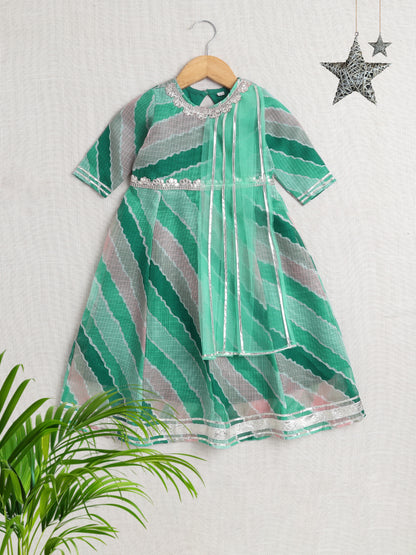 Elbow Sleeves Gota Lace Embelished Attached Dupatta Dress-Green