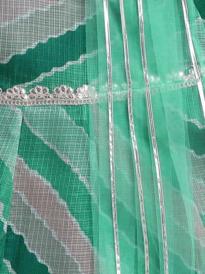 Elbow Sleeves Gota Lace Embelished Attached Dupatta Dress-Green