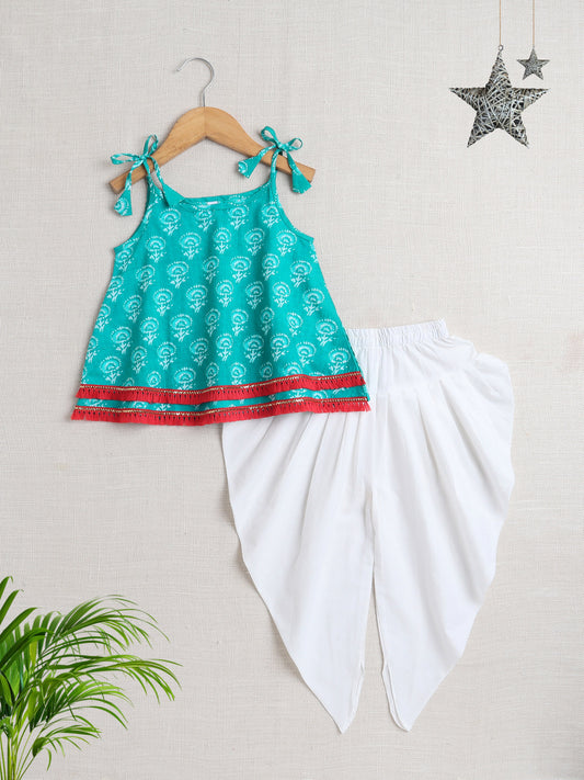 Sleeveless Tie Up All over Print with Lace Kurta Dhoti Set for Navratri-Teal
