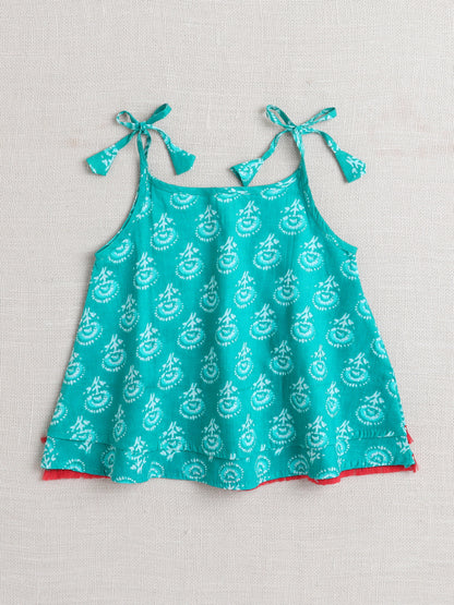 Sleeveless Tie Up All over Print with Lace Kurta Dhoti Set for Navratri-Teal