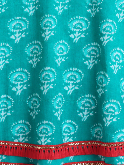 Sleeveless Tie Up All over Print with Lace Kurta Dhoti Set for Navratri-Teal