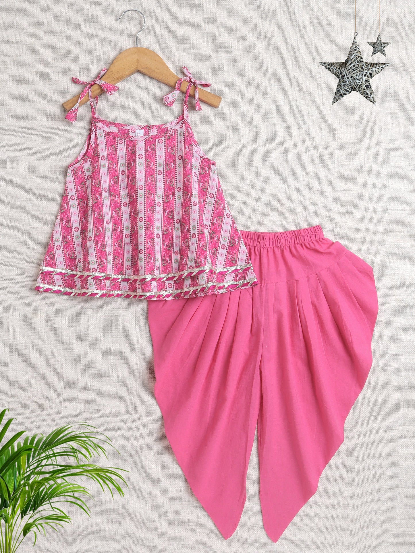 Cotton Sleeveless Floral Printed & Lace Embellished Kurta & Dhoti Set - Pink