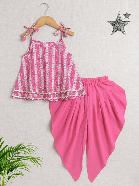 Cotton Sleeveless Floral Printed & Lace Embellished Kurta & Dhoti Set - Pink