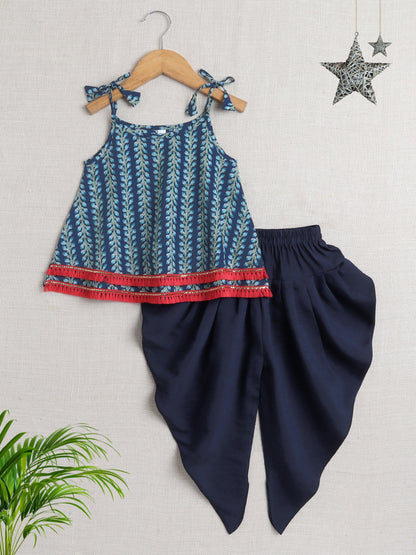 Sleeveless Lace Embellished Leaves Printed Kurta with Solid Dhoti Set - Navy Blue