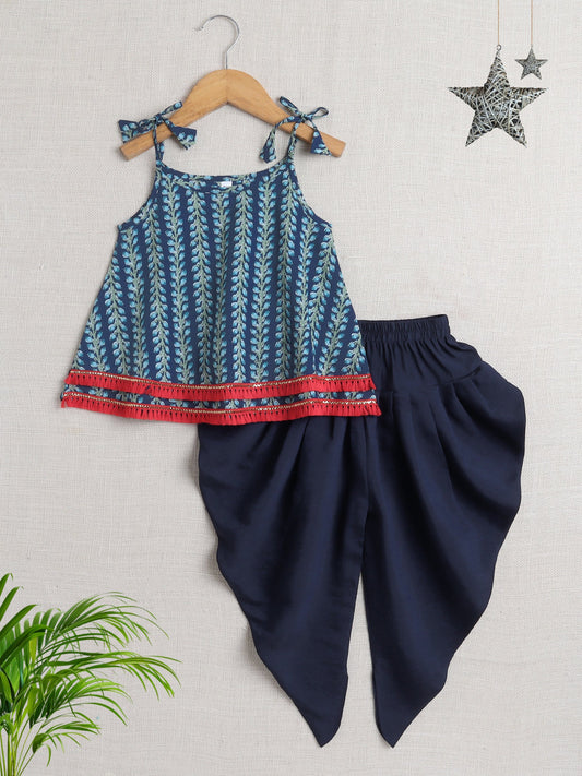 Sleeveless Lace Embellished Leaves Printed Kurta with Solid Dhoti Set - Navy Blue