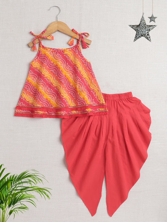 Sleeveless Tie Up All over Print with Lace Kurta Dhoti Set for Navratri- Red