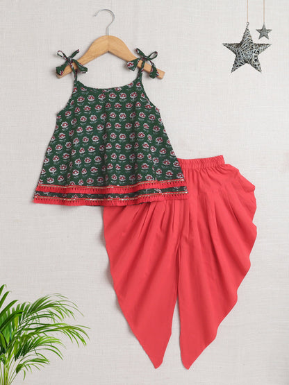 The Magic Wand Sleeveless Tie Up All over Print with Lace Kurta Dhoti Set for Navratri  Green