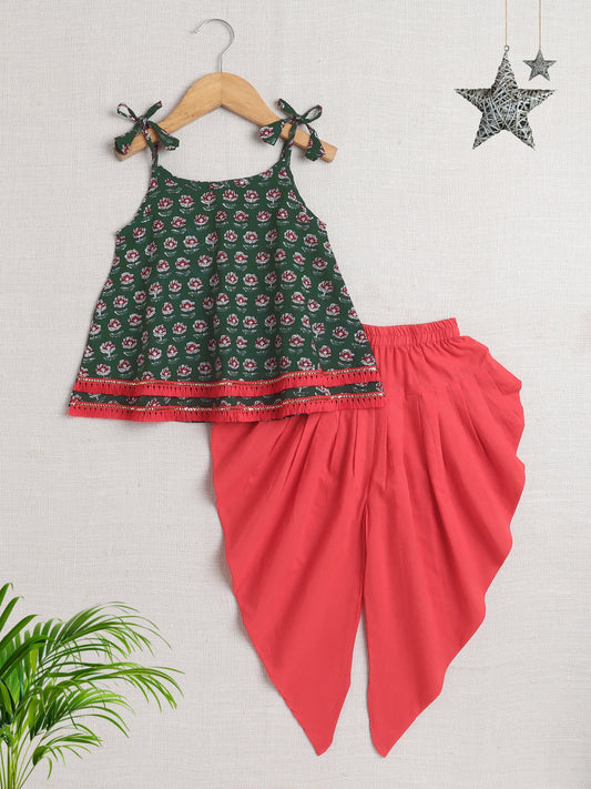 The Magic Wand Sleeveless Tie Up All over Print with Lace Kurta Dhoti Set for Navratri  Green