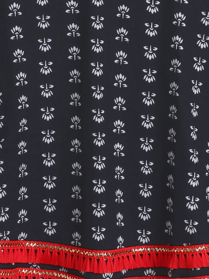 Sleeveless Lace Embellished Floral Motif Printed Kurta With Solid Dhoti Set - Black