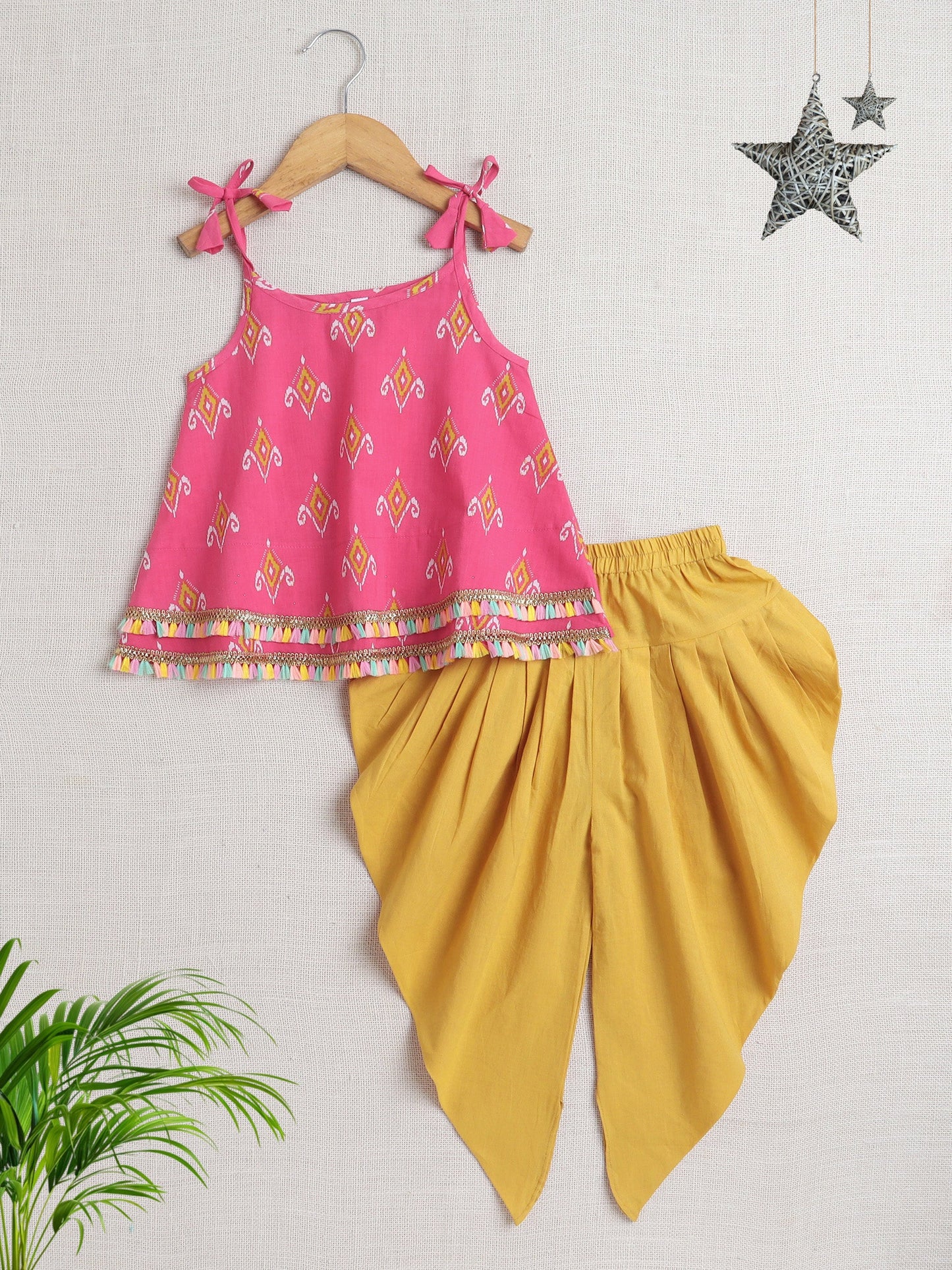 Sleeveless Lace Embellished Ethnic Motif Printed Kurta with Solid Dhoti Set - Pink