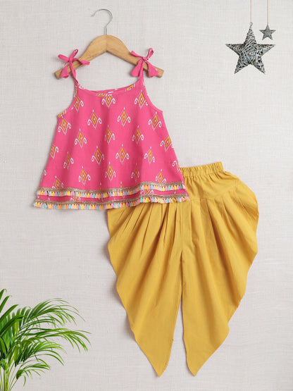 Sleeveless Lace Embellished Ethnic Motif Printed Kurta with Solid Dhoti Set - Pink