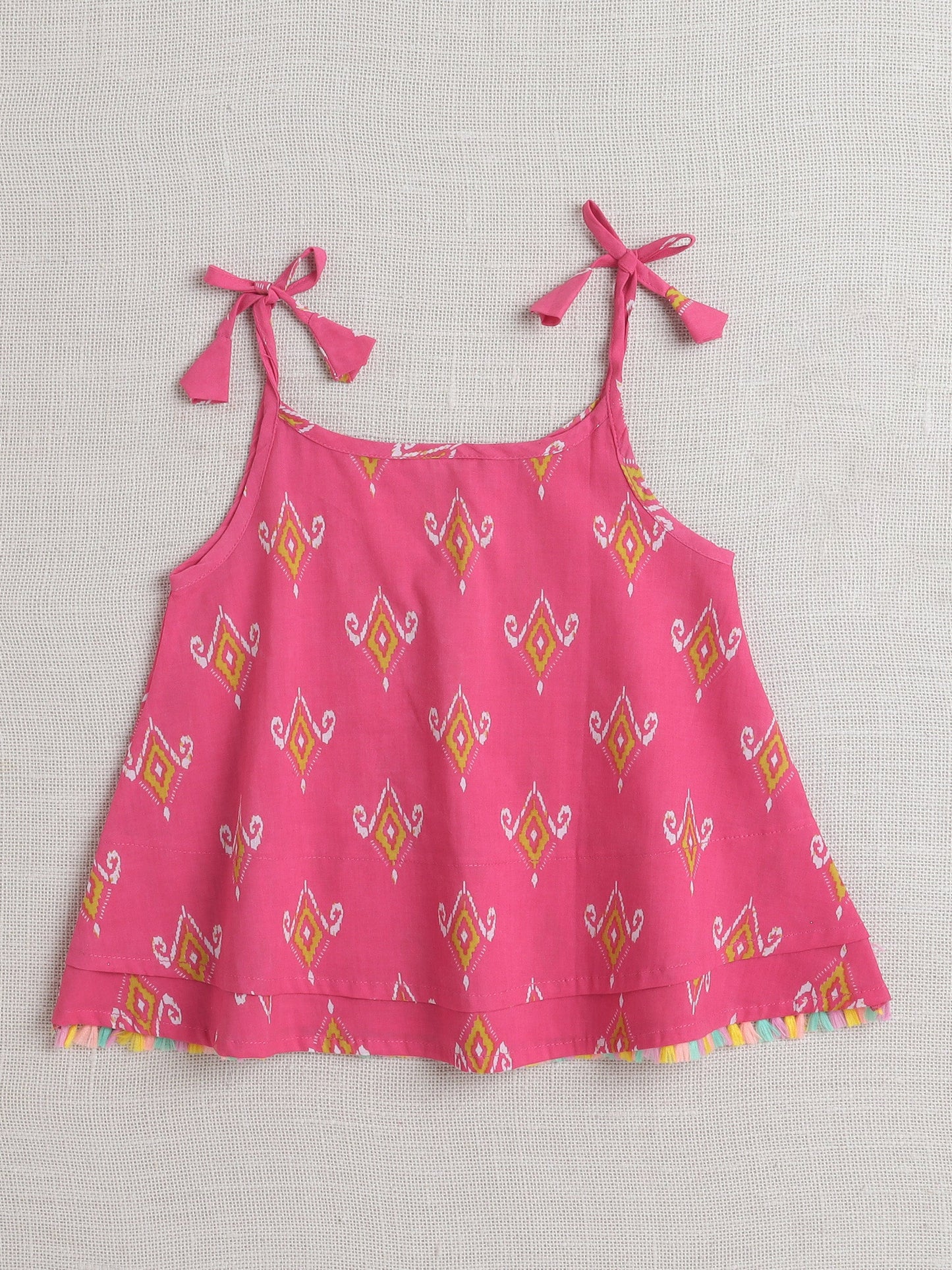 Sleeveless Lace Embellished Ethnic Motif Printed Kurta with Solid Dhoti Set - Pink