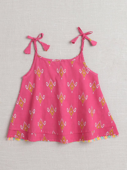 Sleeveless Lace Embellished Ethnic Motif Printed Kurta with Solid Dhoti Set - Pink