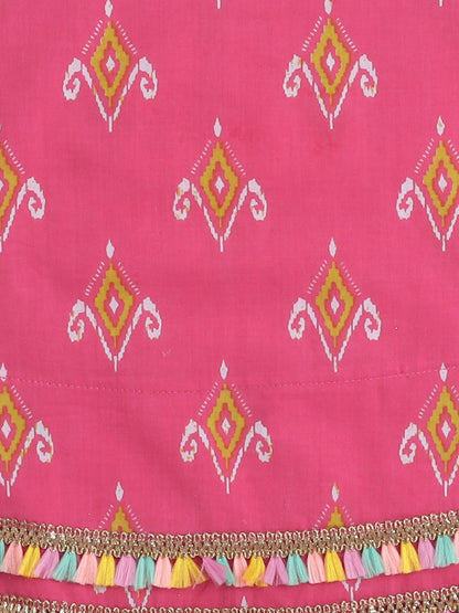 Sleeveless Lace Embellished Ethnic Motif Printed Kurta with Solid Dhoti Set - Pink
