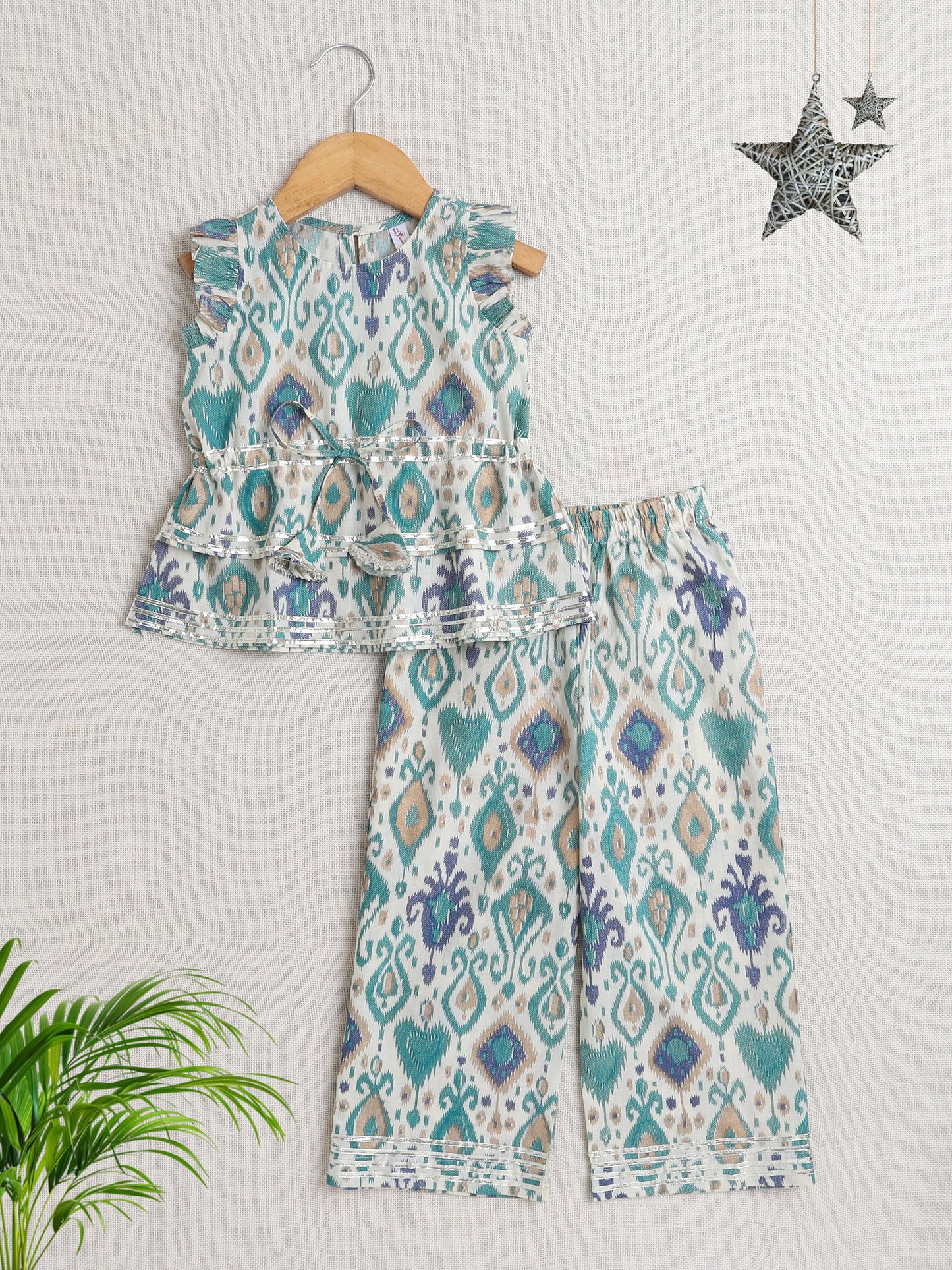 The Magic Wand Sleeveless All over Print with Gota Lace Top and Pant Set Blue