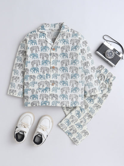 Cotton Woven Full Sleeves Elephants Printed Coordinating Night Suit Set - Off White