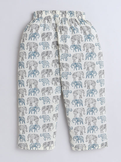 Cotton Woven Full Sleeves Elephants Printed Coordinating Night Suit Set - Off White