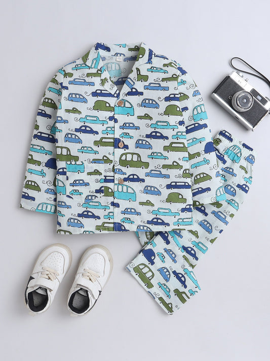 The Magic Wand  Full Sleeves Cotton Cars Printed Night Suit Set Off White