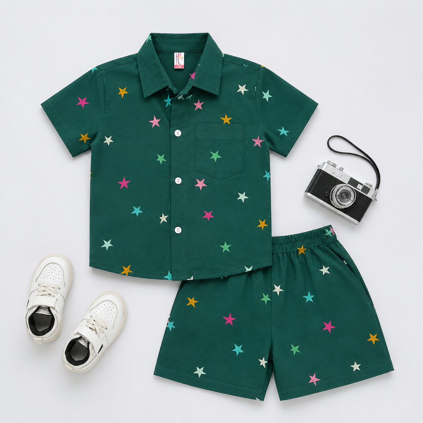 The Magic Wand Double Gauge Cotton Woven Half Sleeves Stars Printed Coordinating Shirt And Shorts Night Suit - Green