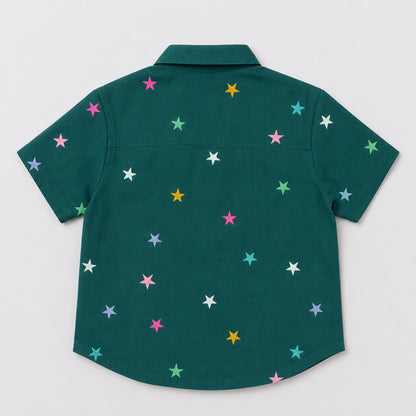 The Magic Wand Double Gauge Cotton Woven Half Sleeves Stars Printed Coordinating Shirt And Shorts Night Suit - Green