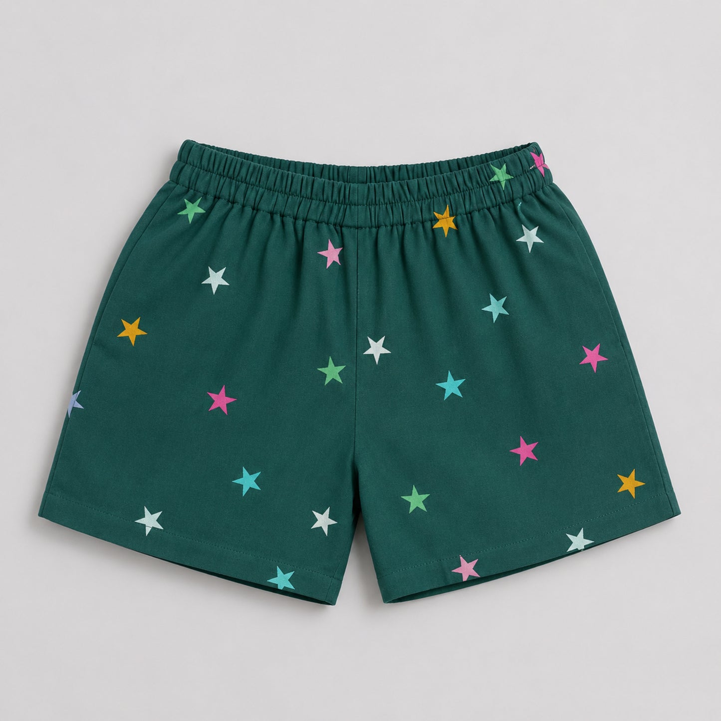 The Magic Wand Double Gauge Cotton Woven Half Sleeves Stars Printed Coordinating Shirt And Shorts Night Suit - Green