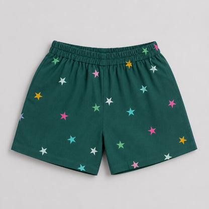 The Magic Wand Double Gauge Cotton Woven Half Sleeves Stars Printed Coordinating Shirt And Shorts Night Suit - Green