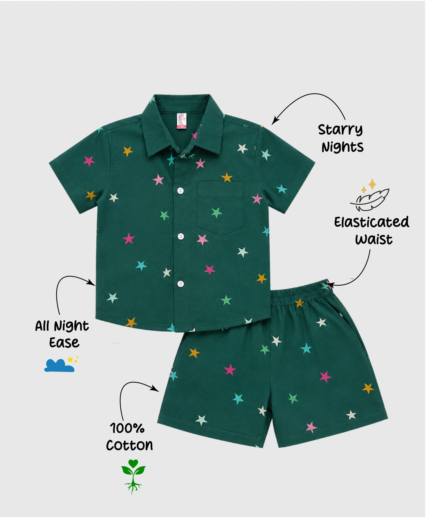 The Magic Wand Double Gauge Cotton Woven Half Sleeves Stars Printed Coordinating Shirt And Shorts Night Suit - Green