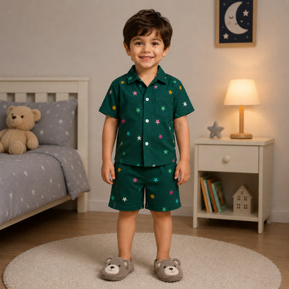 The Magic Wand Double Gauge Cotton Woven Half Sleeves Stars Printed Coordinating Shirt And Shorts Night Suit - Green