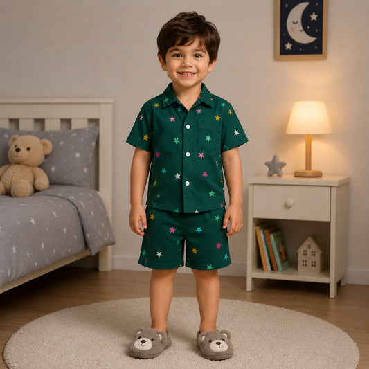 The Magic Wand Double Gauge Cotton Woven Half Sleeves Stars Printed Coordinating Shirt And Shorts Night Suit - Green