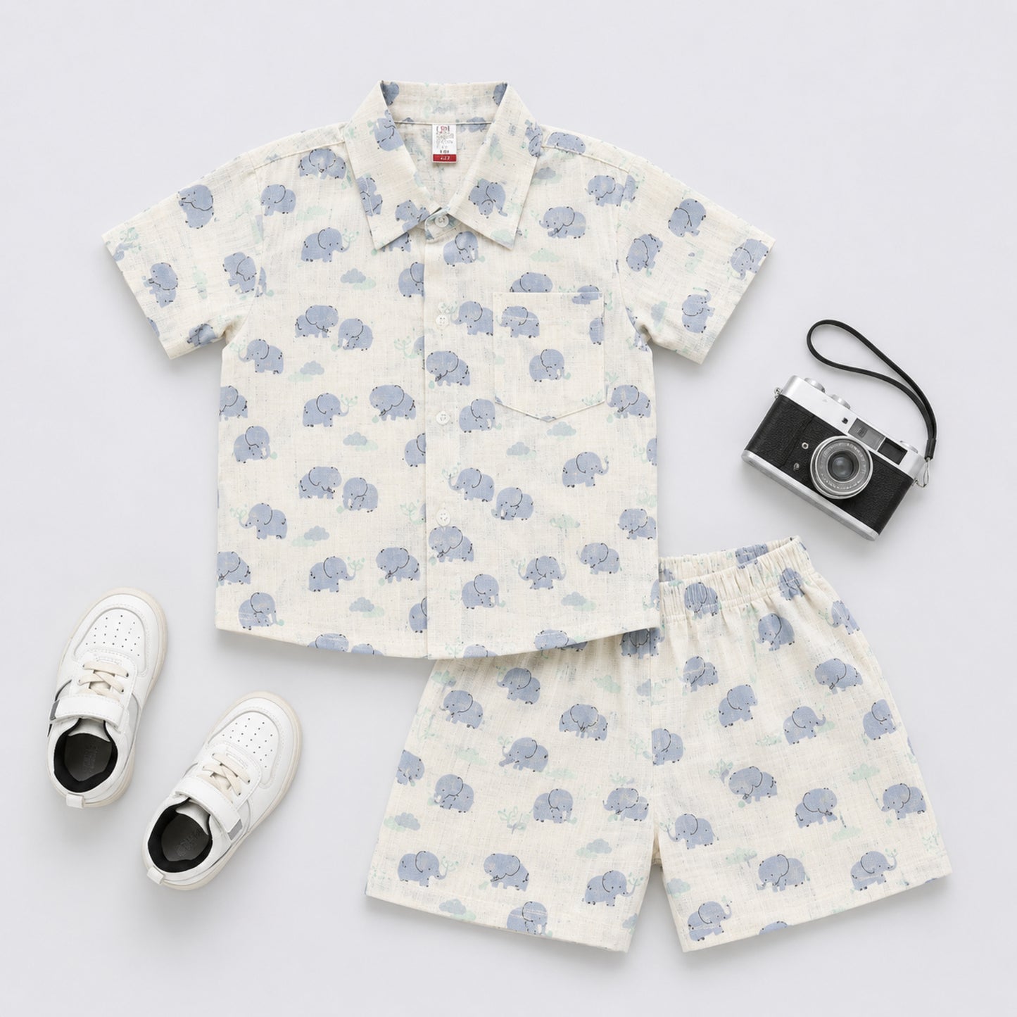 The Magic Wand Double Gauge Cotton Woven Half Sleeves Elephant Printed Coordinating Shirt And Shorts Night Suit - White