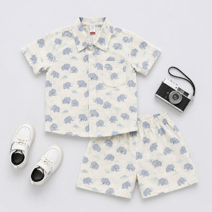 The Magic Wand Double Gauge Cotton Woven Half Sleeves Elephant Printed Coordinating Shirt And Shorts Night Suit - White