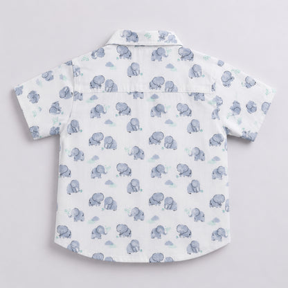 The Magic Wand Double Gauge Cotton Woven Half Sleeves Elephant Printed Coordinating Shirt And Shorts Night Suit - White
