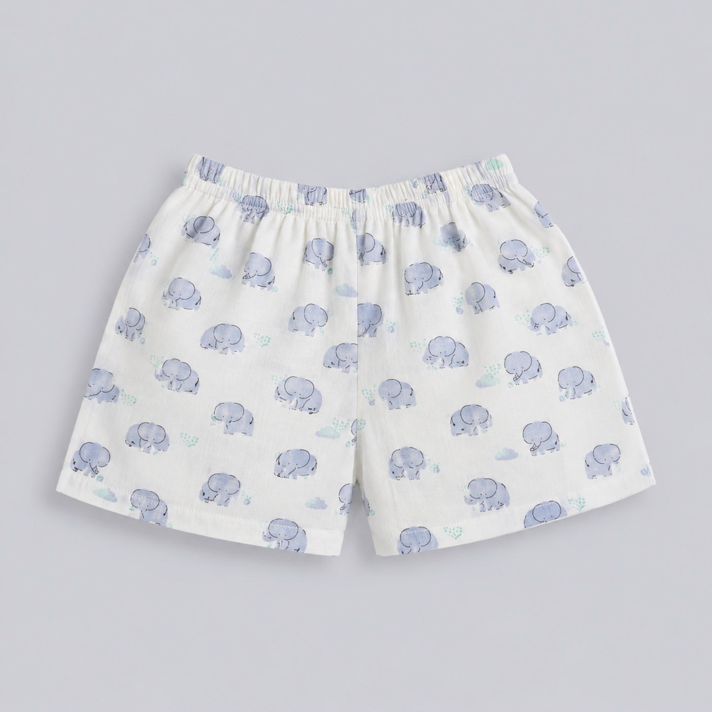 The Magic Wand Double Gauge Cotton Woven Half Sleeves Elephant Printed Coordinating Shirt And Shorts Night Suit - White